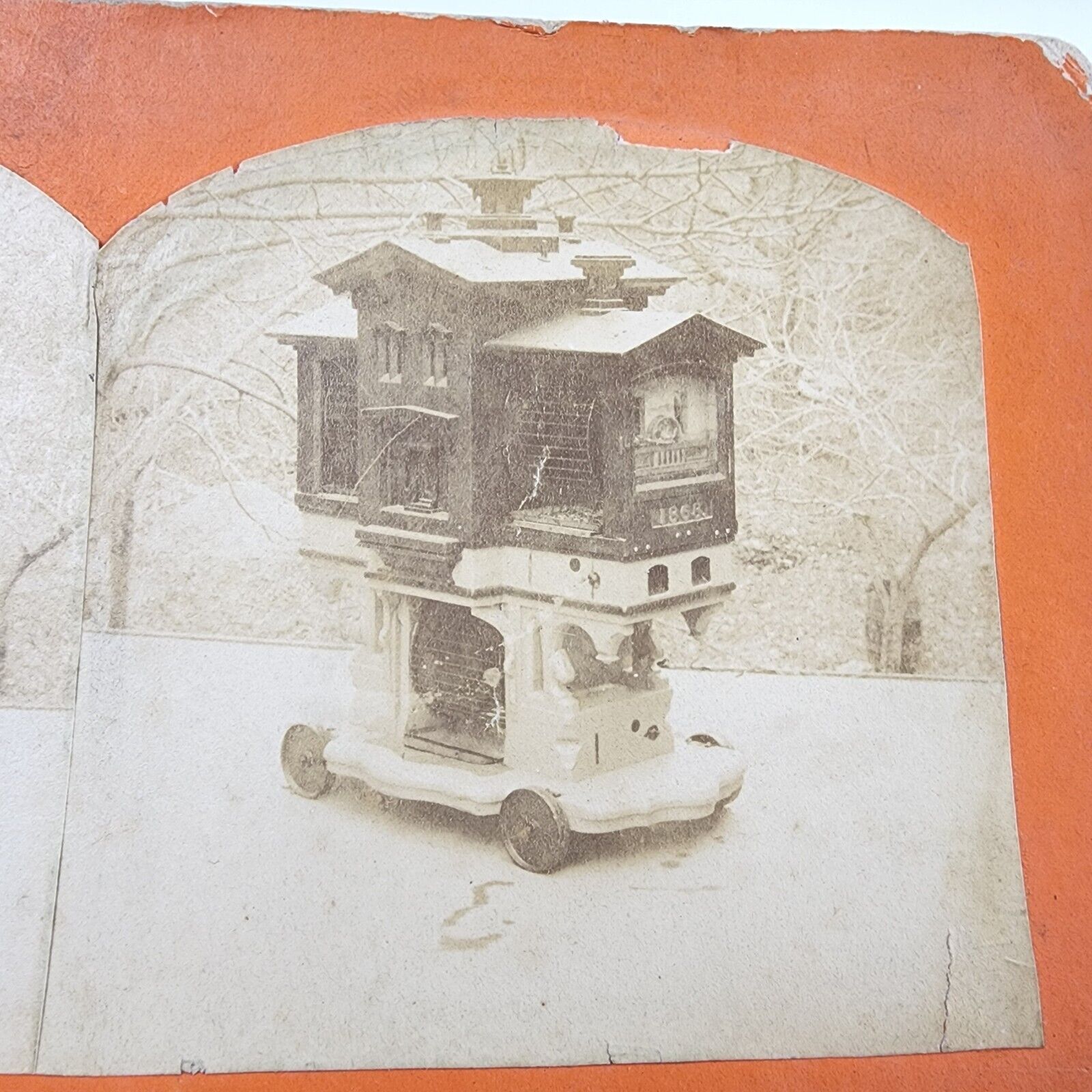 Antique Victorian Era Stereoview Card, Subject is a mobile Amusement Curiosity