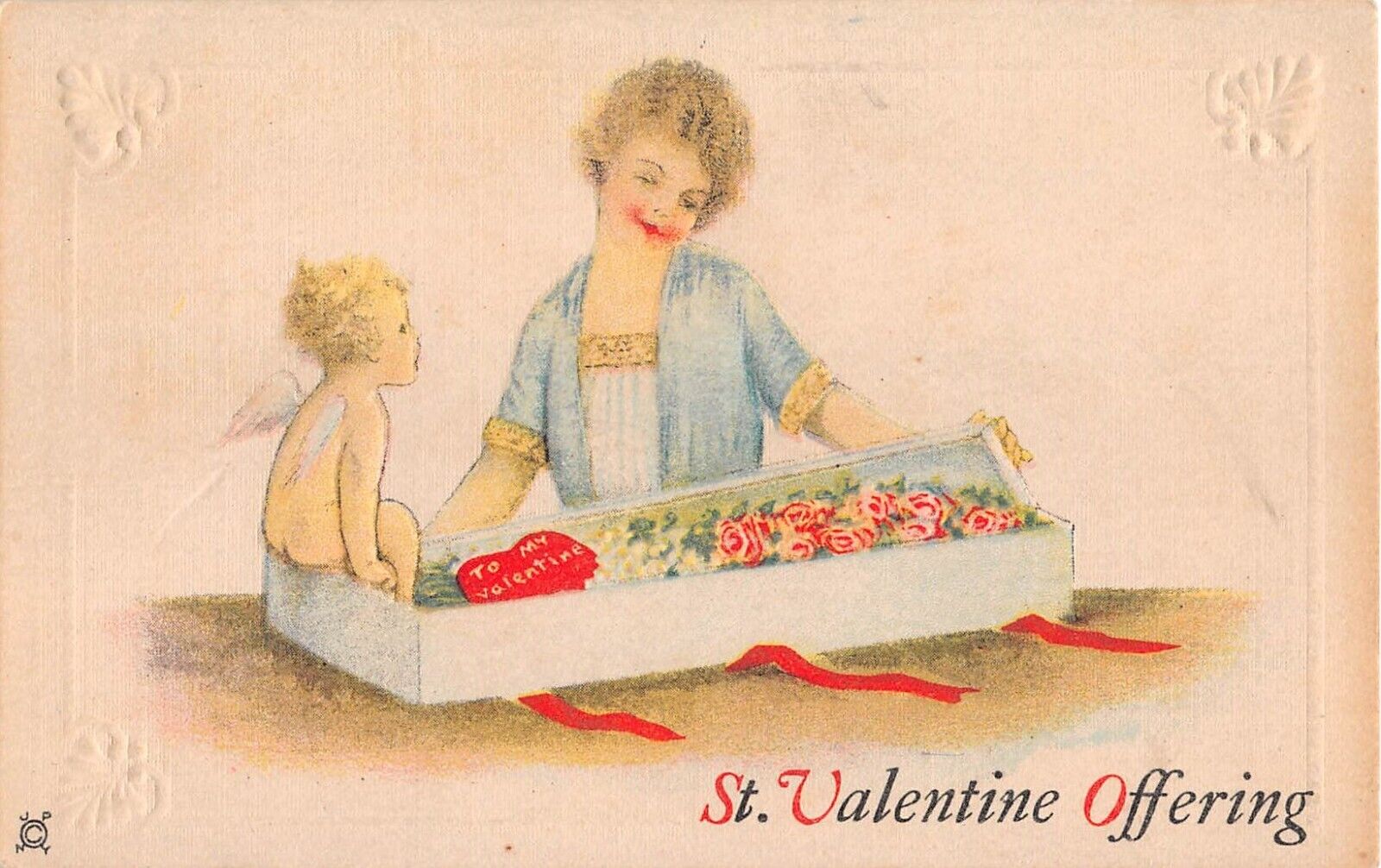 Cupid by Pretty Lady Opening Gift Box of Roses-Old Art Deco Valentine\'s Day PC