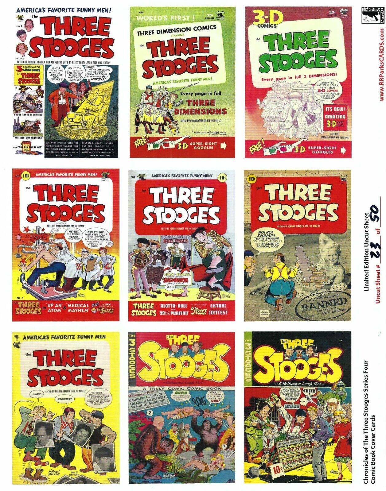 THE THREE STOOGES UNCUT CARD PANEL COMIC BOOK COVERS 23/50 LTD 8 1/2