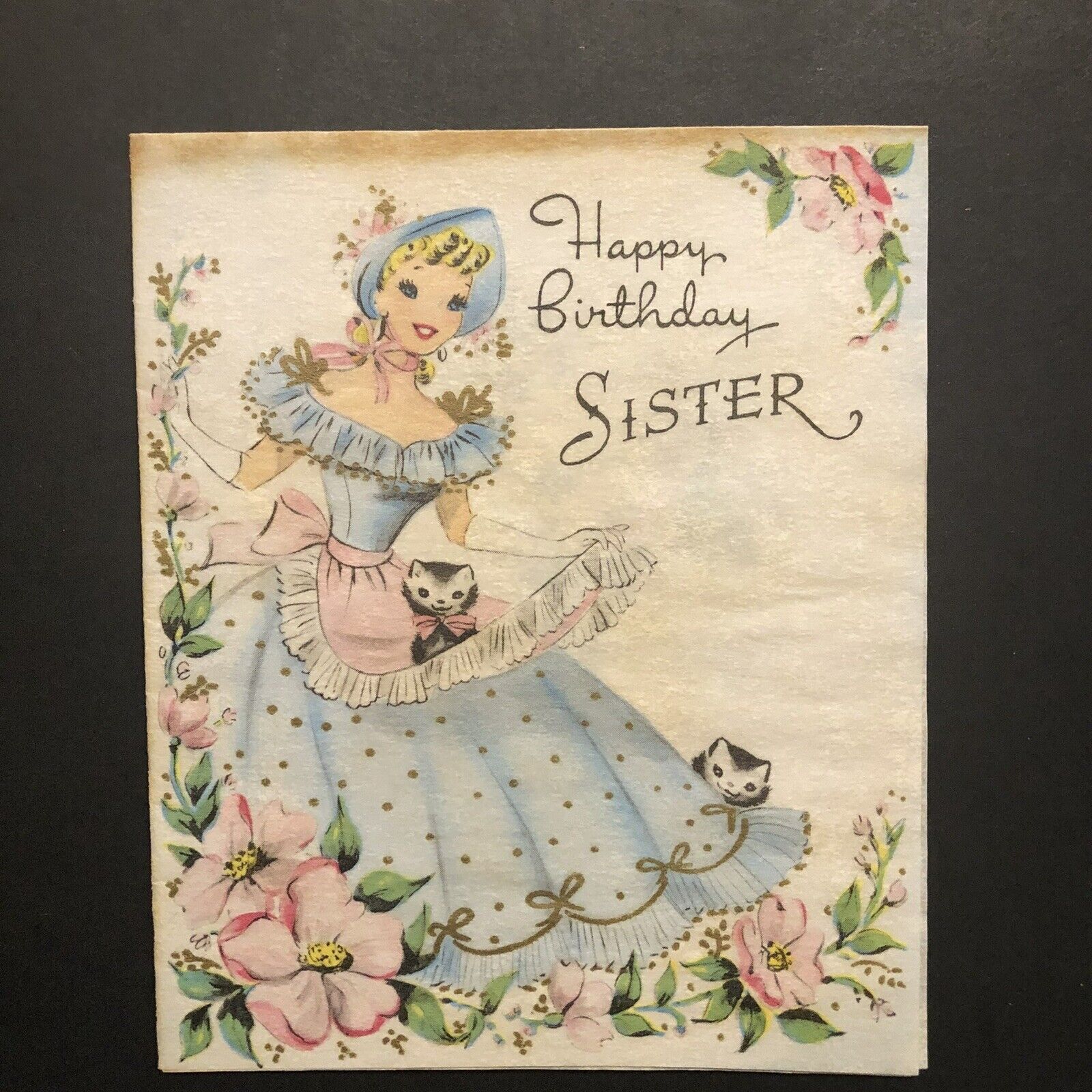 Vintage Birthday Greeting Card Pretty Blonde Girl Dressed In Blue Kittens Sister