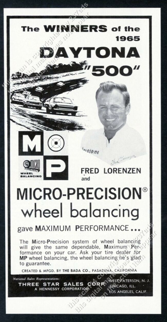 1965 Fred Lorenzen photo Micro Precision wheel balancing vintage print ad