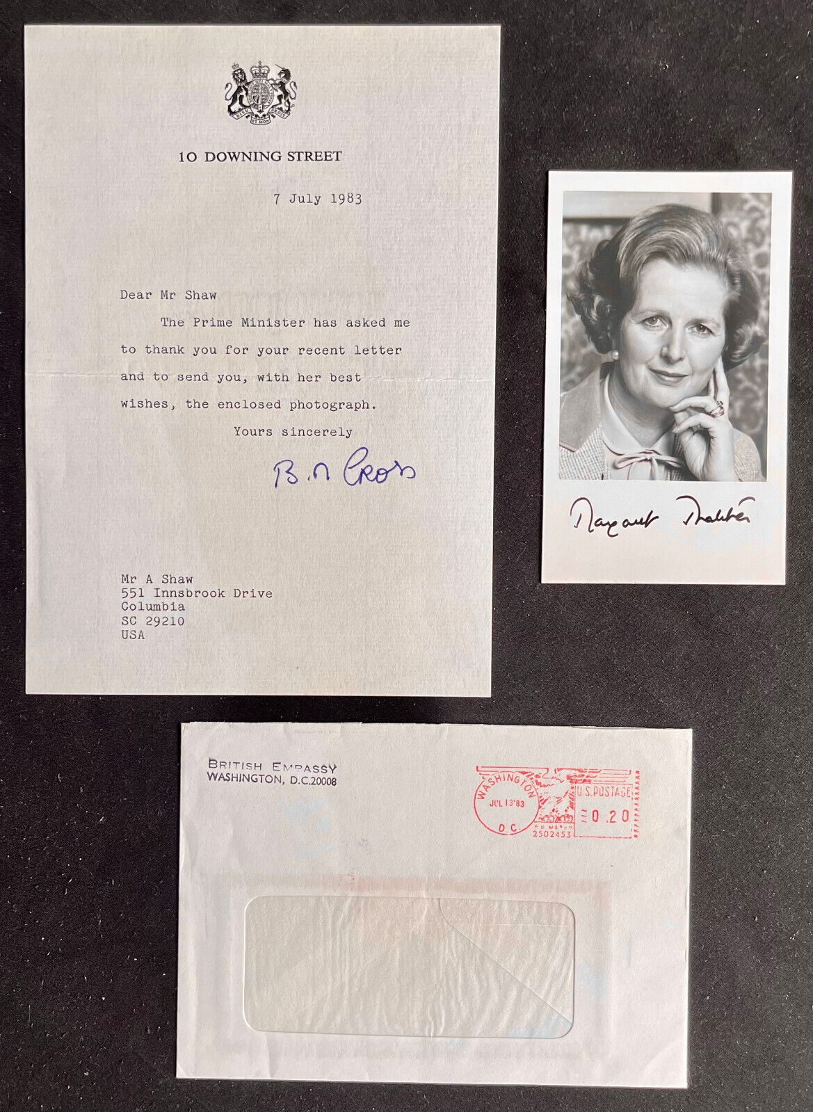 Margaret Thatcher Facsimile Signed Autograph 3x5 Photo W/ Note & Envelope 1983
