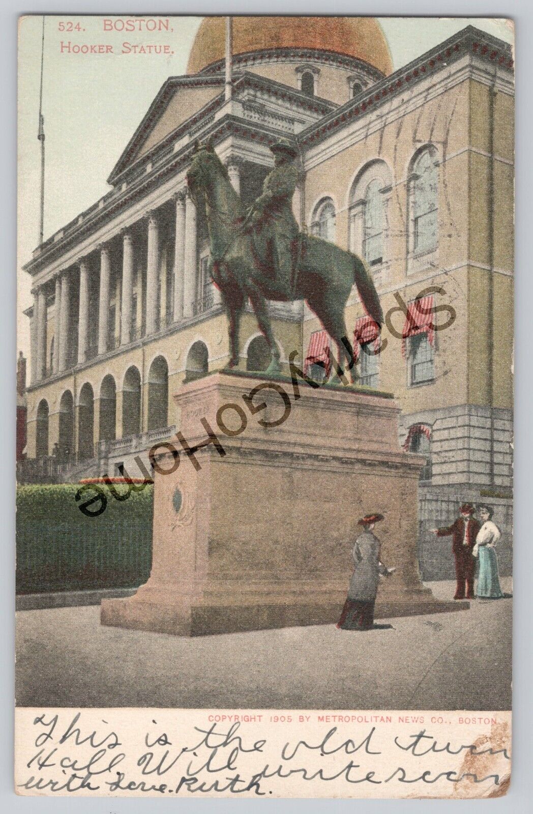 Hooker Statue, Boston Postmarked 1907 Metropolitan News Co.