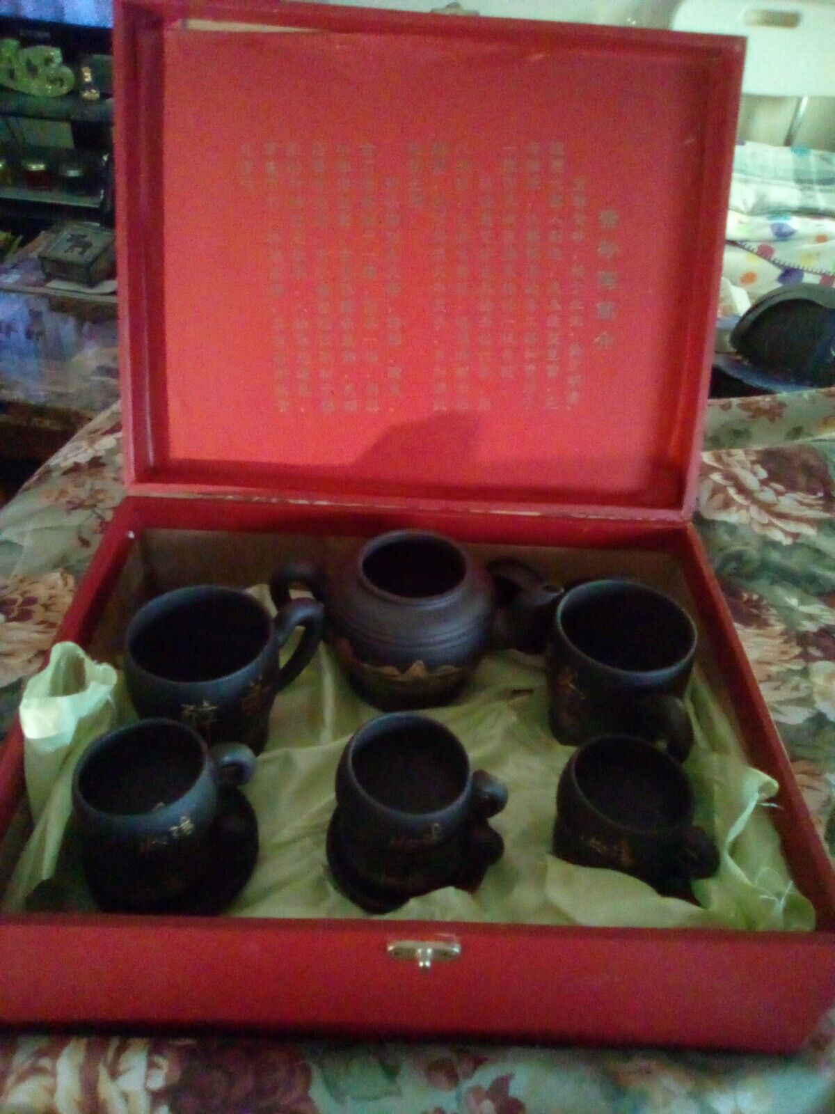 Vintage Chinese Clay Tea Set in Silk Fabric Covered Box 