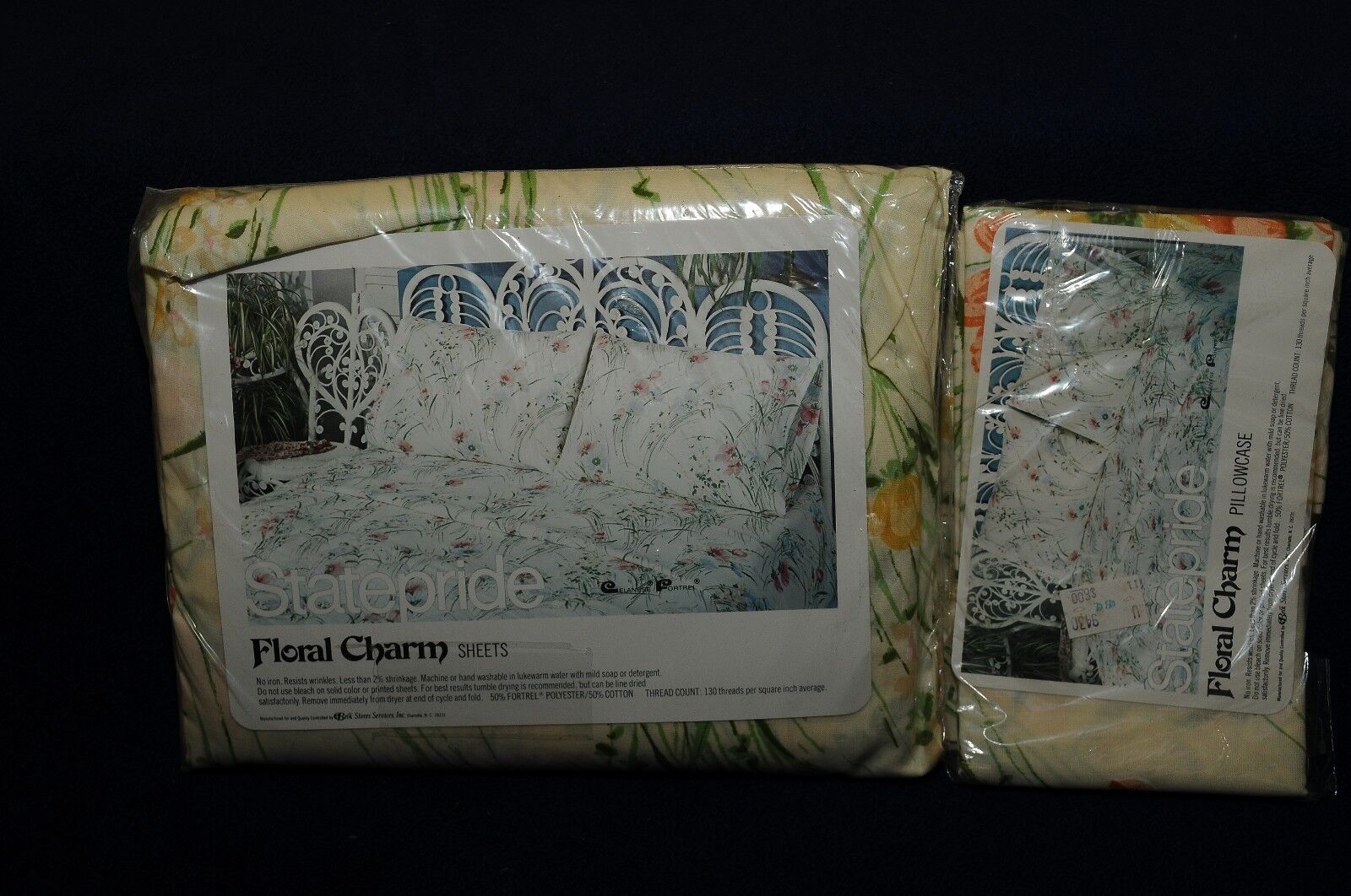 VTG NOS 70s State Pride Belk Floral Charm Beige Double flat sheet & pillow cases