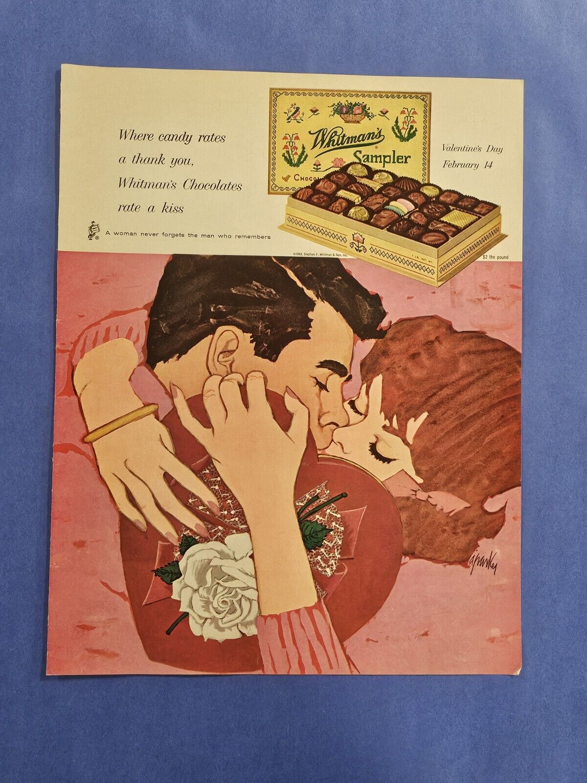 1963 Vintage Print Ad WHITMAN\'S Sampler Valentines LOVE Kiss