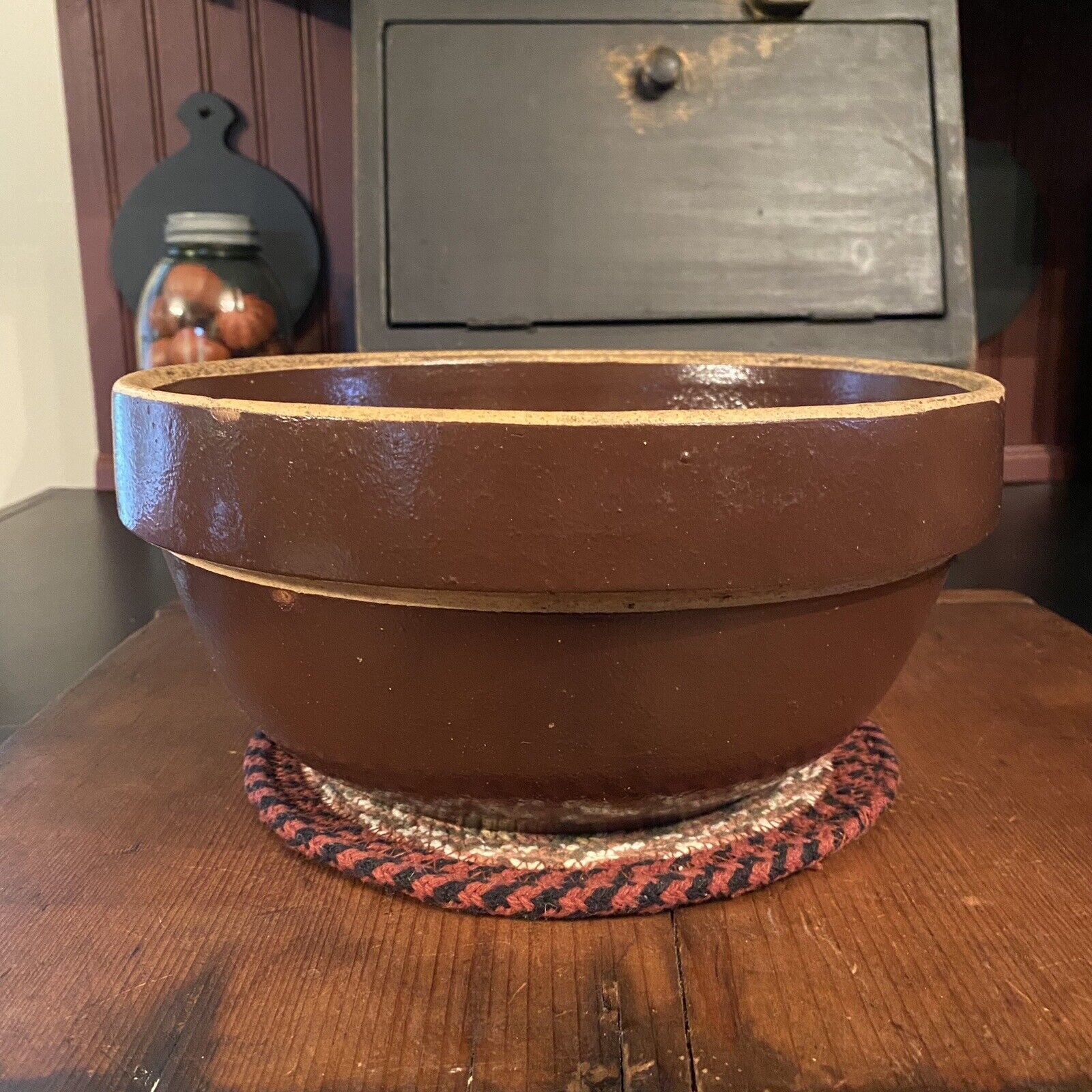 Antique Primitive Redware Brown Stone Ware Mixing Bowl