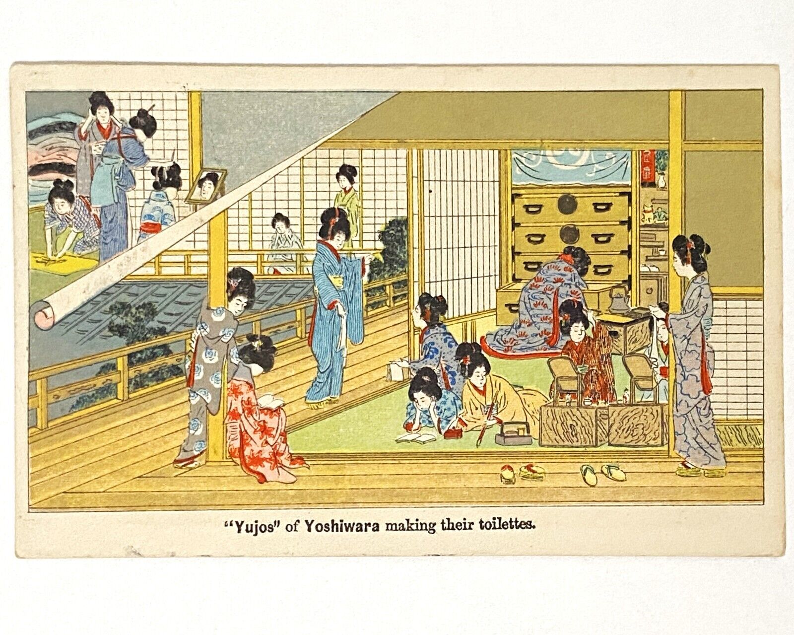 1911 Vtg Antique Japan Postcard, Yoshiwara Yujos Making Toilettes Geisha Brothel