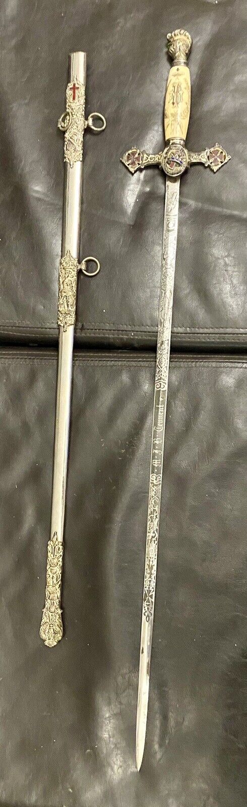 Antique Henderson Ames Knights Templar Masonic Sword and Scabbard W/ Engravings