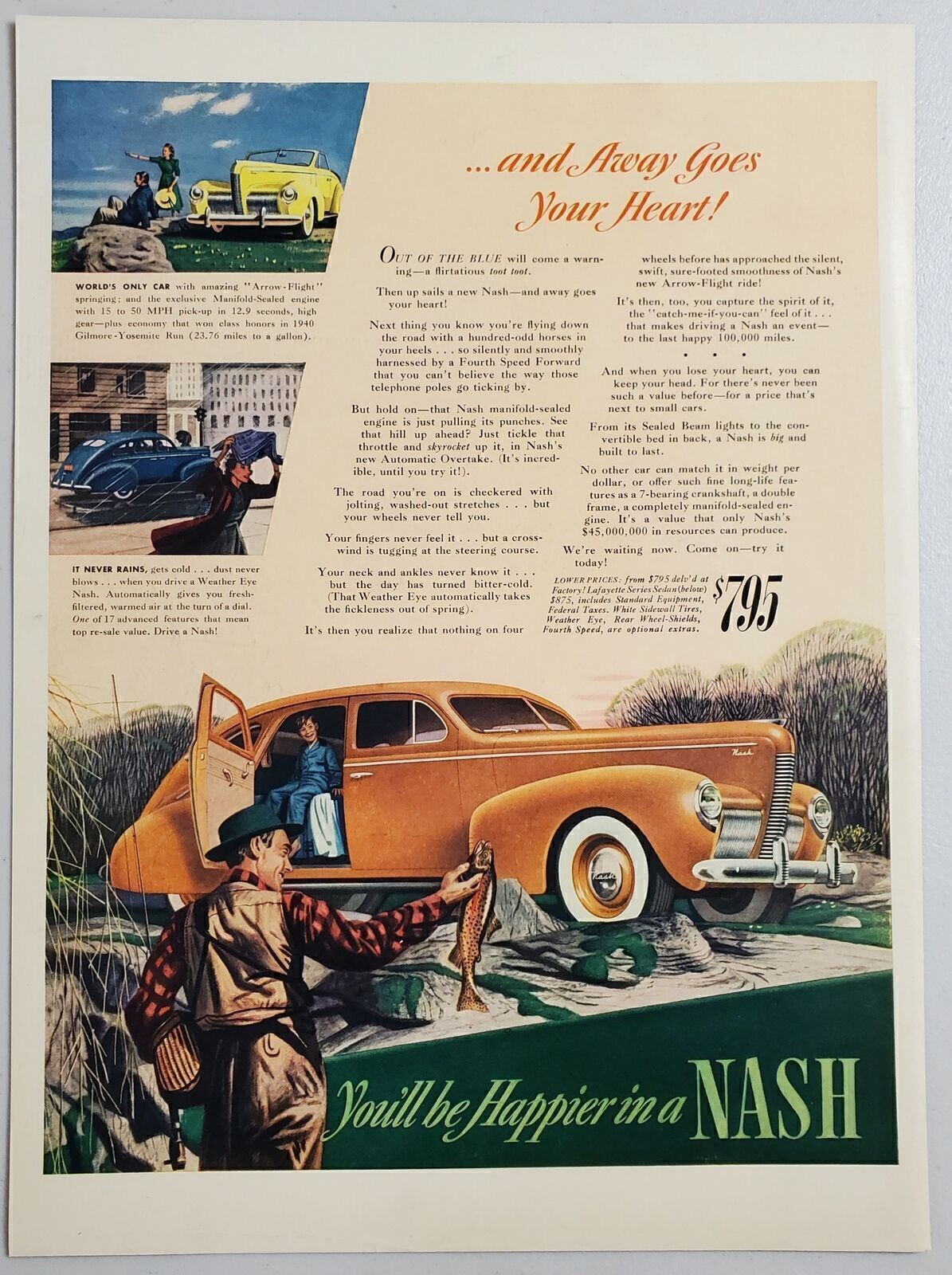 1940 Print Ad Nash Cars Lafayette Series 4-Door Car Fly Fisherman Shows Trout