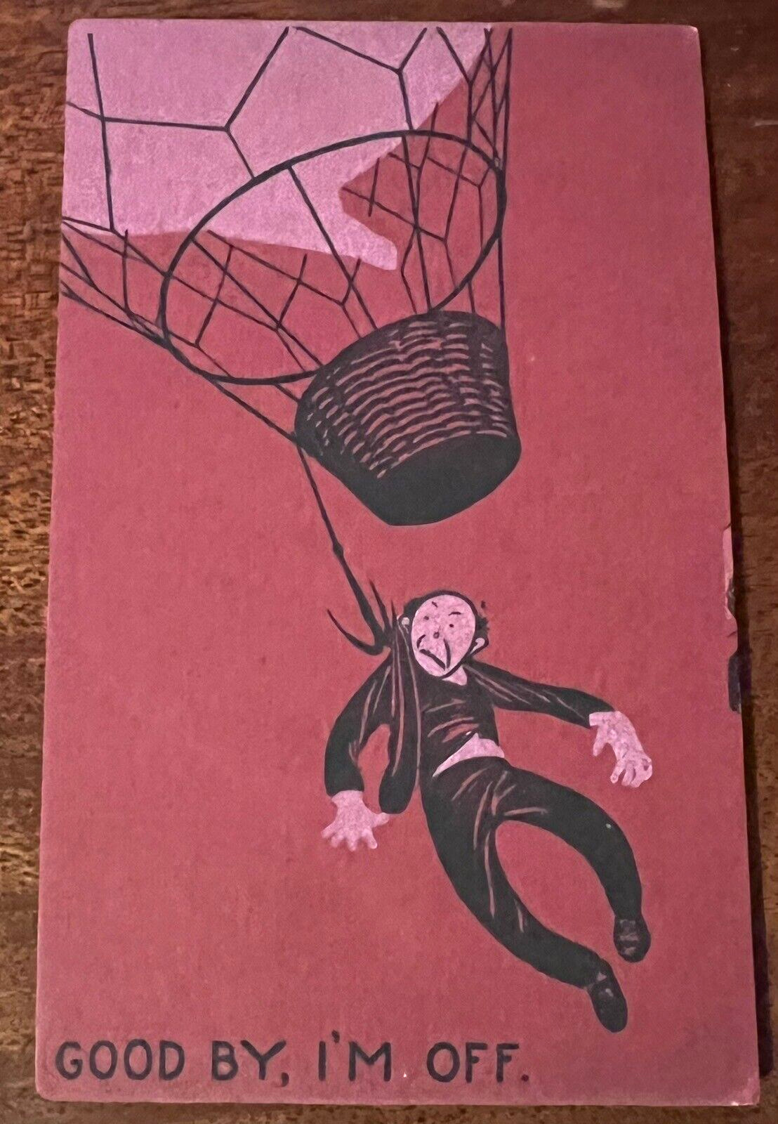 ATQ c1906 Postcard Man Falling Hot Air Balloon GOOD BY Rare Maine Press Bicknell