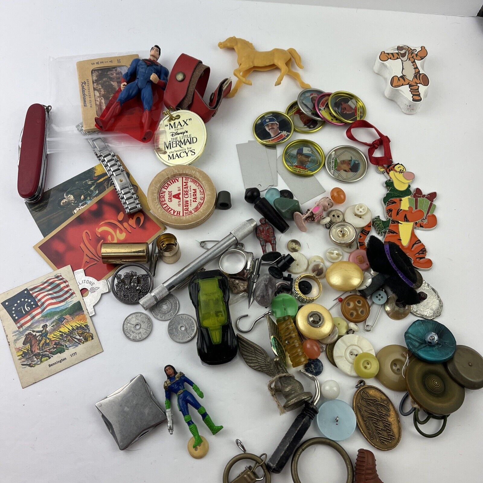 vintage antique junk drawer lot Tax Tokens, Toys, Pocket Knife, Buttons,brass