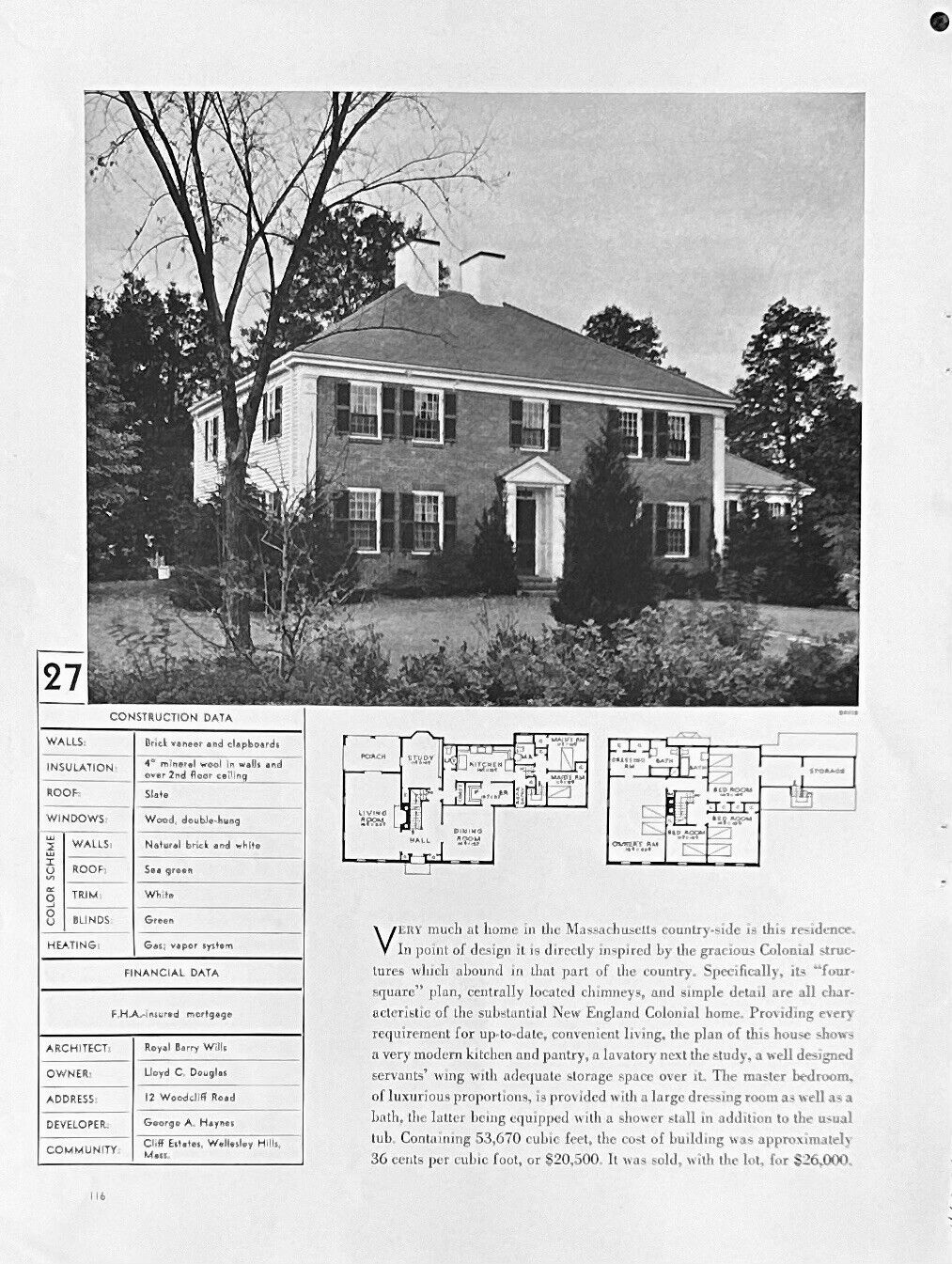 Lloyd C Douglas Home 1937 Cliff Estates 12 Woodcliff Rd Wellesley Hills MA