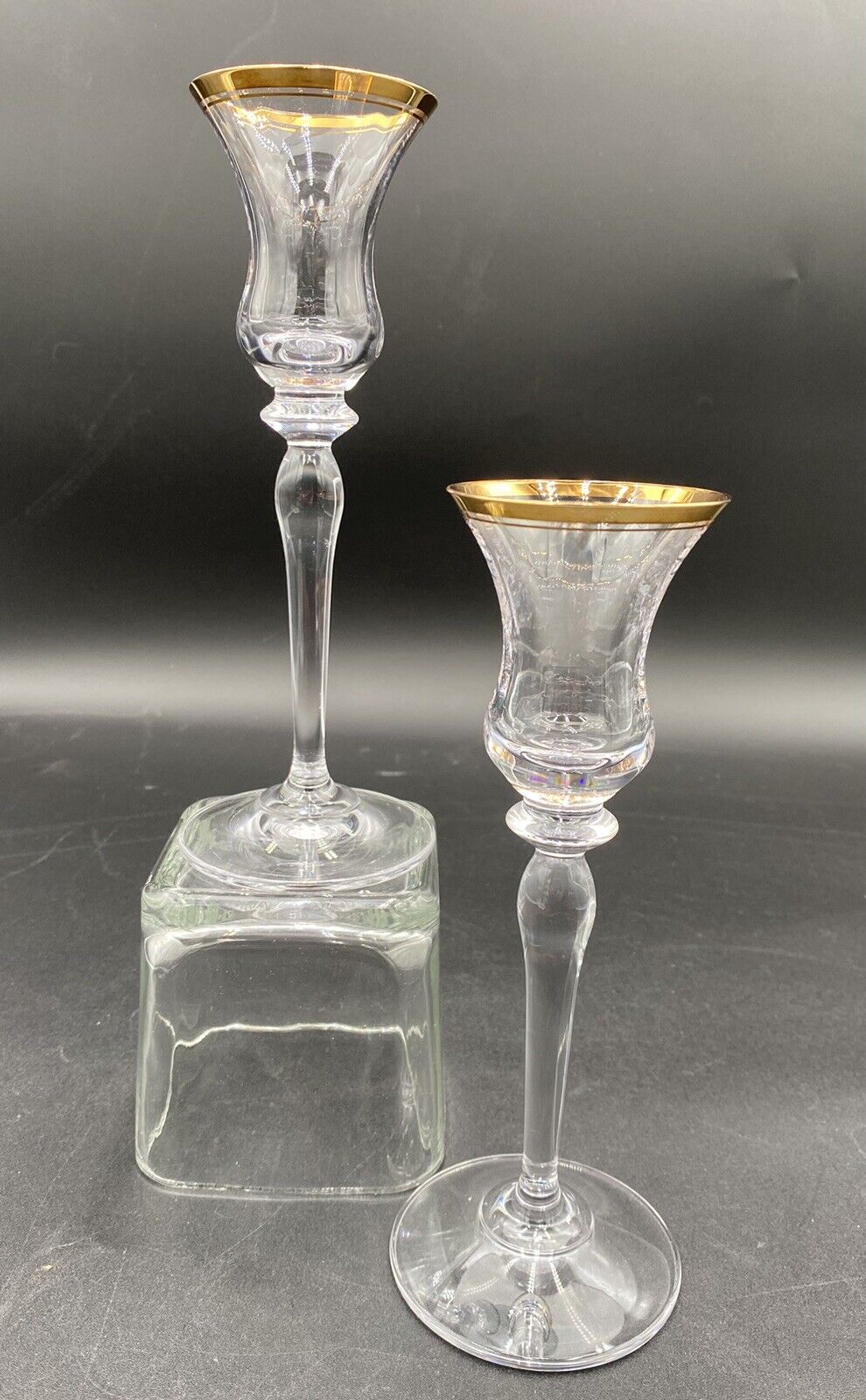 Pair of Mikasa Double Gold-Rimmed Stemware Crystal Candle Holders, 7.75\