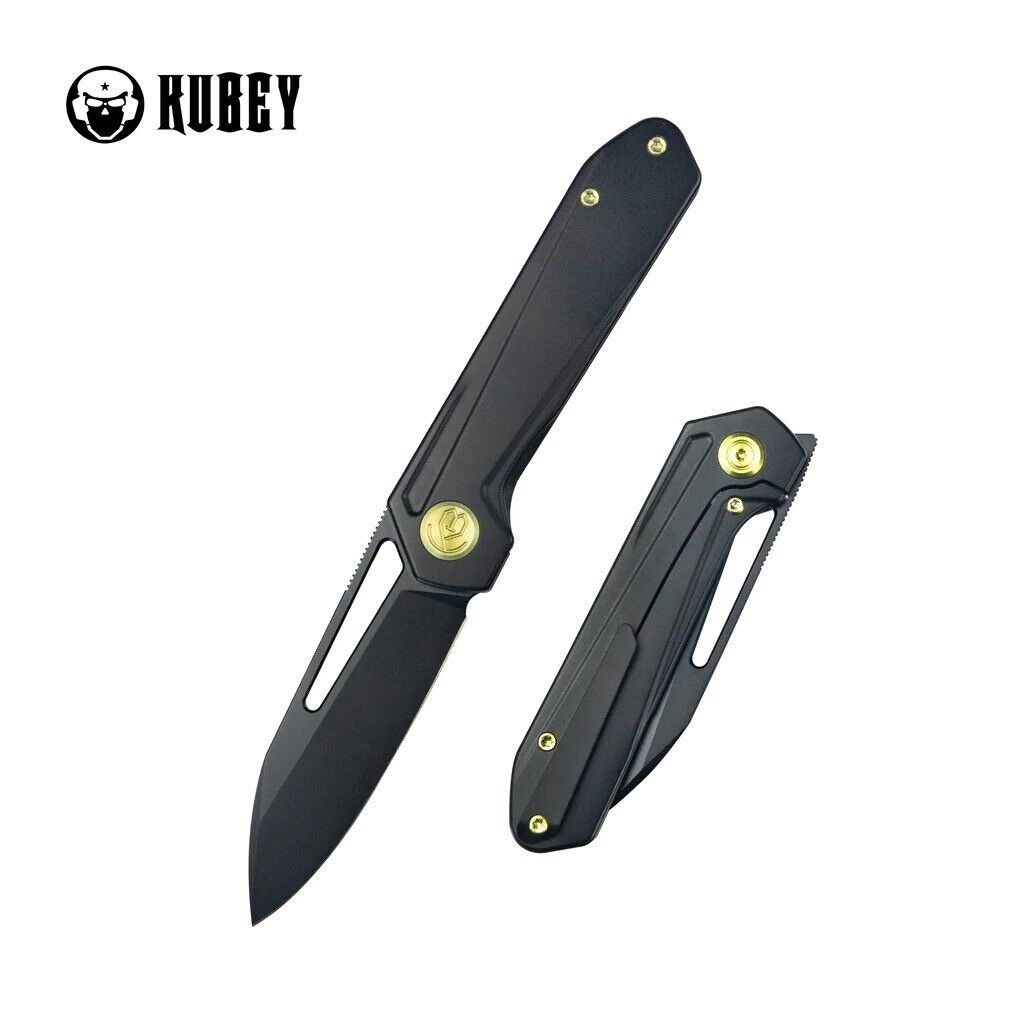 Kubey Royal Folding Knife Black Titanium Handle M390 Clip Pt Plain Black KB321O