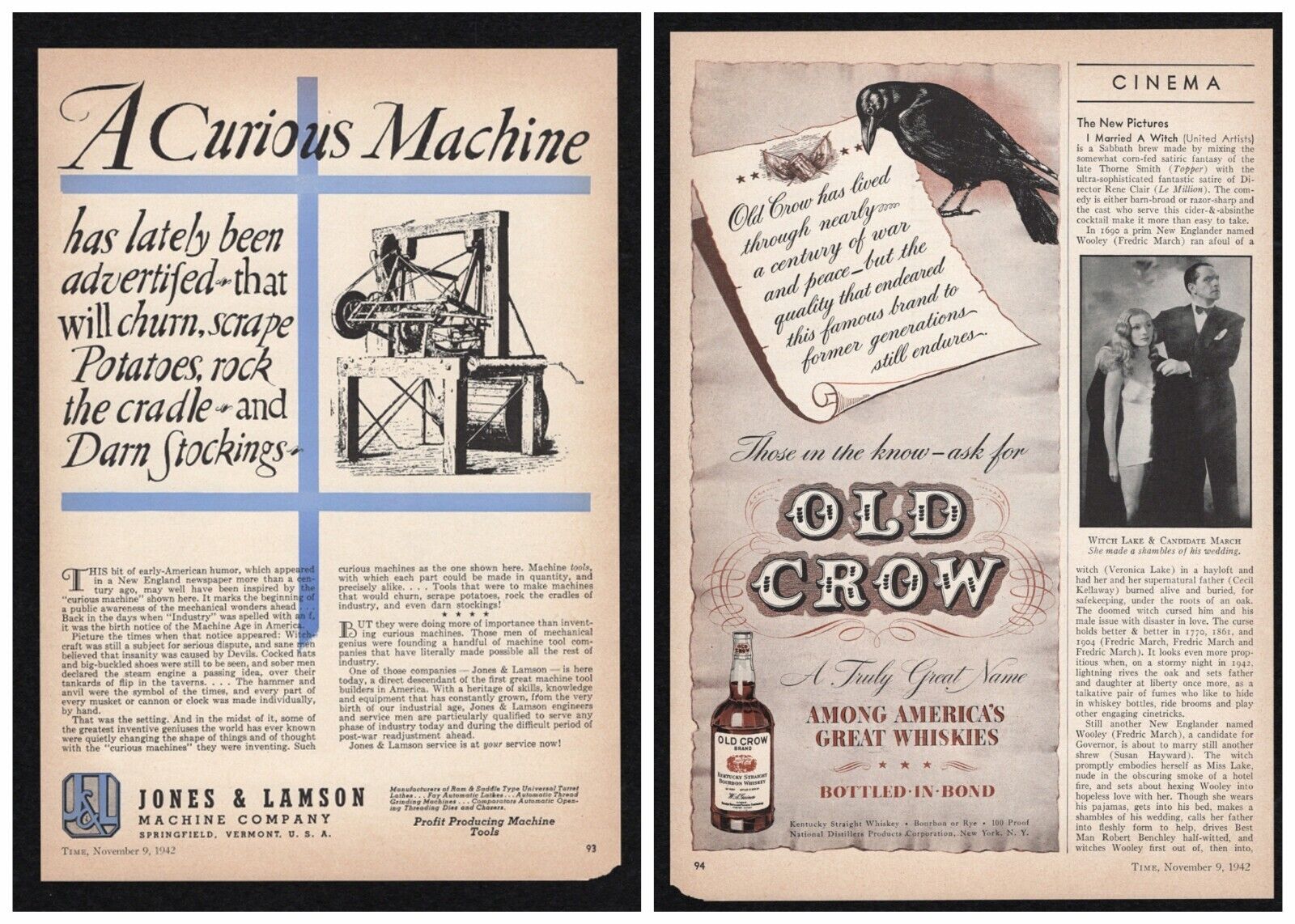 1942 Jones Lamson A Curious Machine / Old Crow America Great Whiskies Print Ad