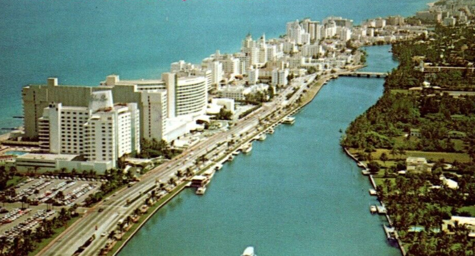 60\'s Hotel Row Indian Creek & Atlantic Ocean  Miami Beach Florida Postcard B60