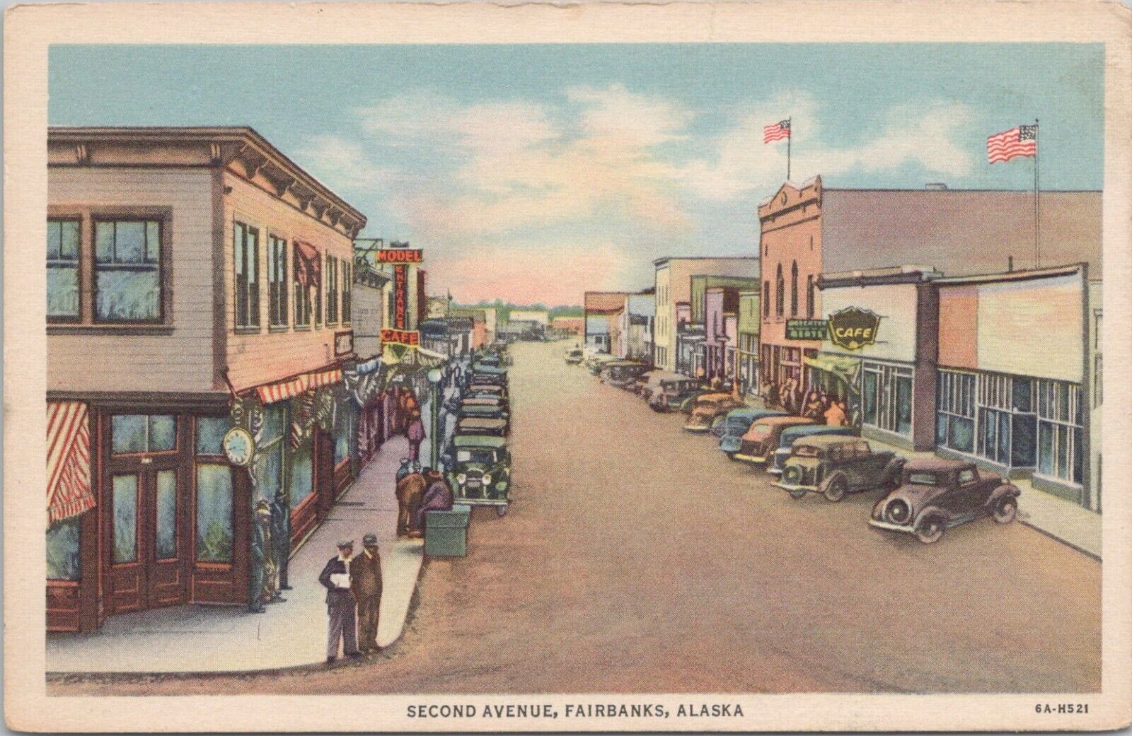 Lithograph -- Fairbanks Alaska Street Scene on Second Ave. Roadside Cafes 1940s