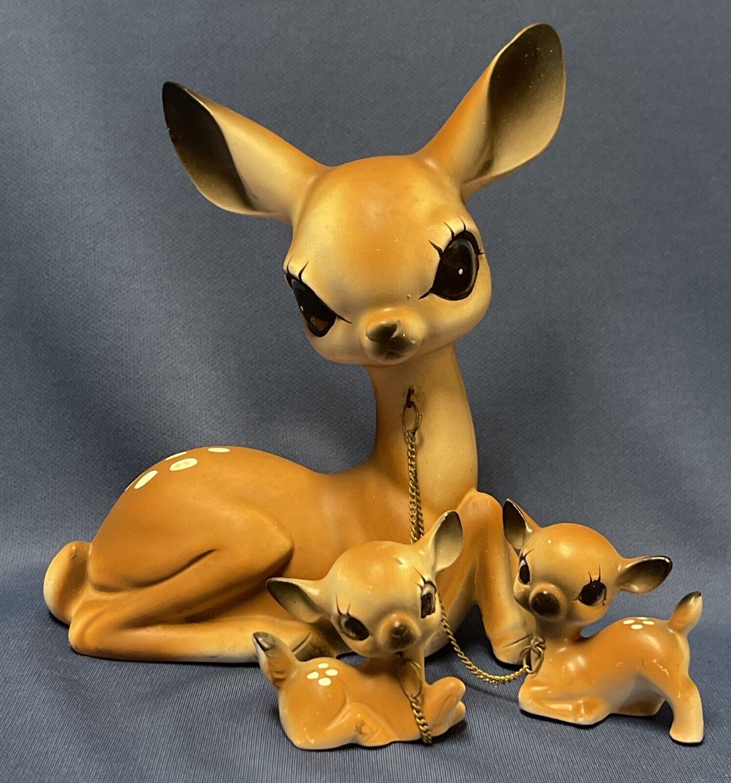 Vintage Big Eye Doe Mother Deer 2 Chained Baby Fawn Figures Betson’s Japan