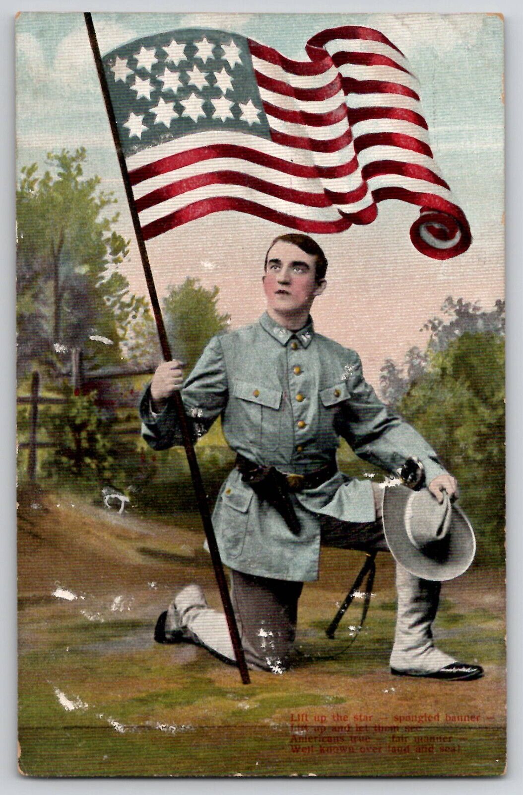 Civil War Soldier Decoration Day 14 Star US Flag Patriotic Postcard c1910's
