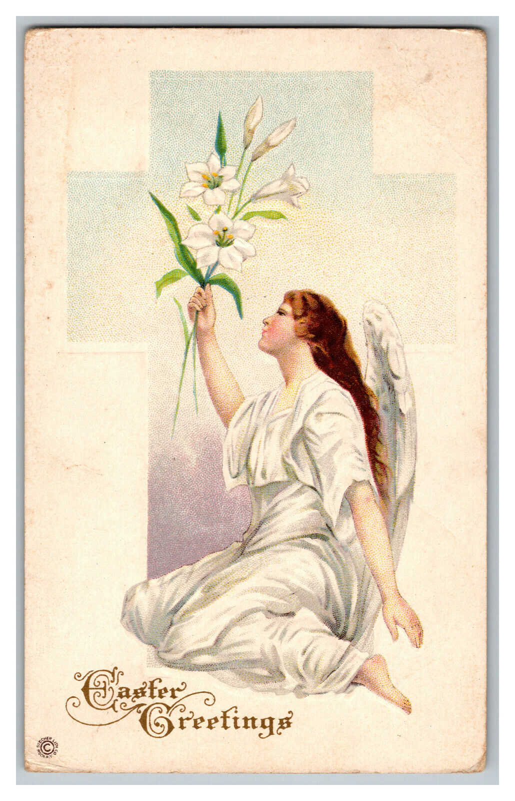 Postcard Easter Greetings Vintage Standard View Card Angel Lillies Flowers