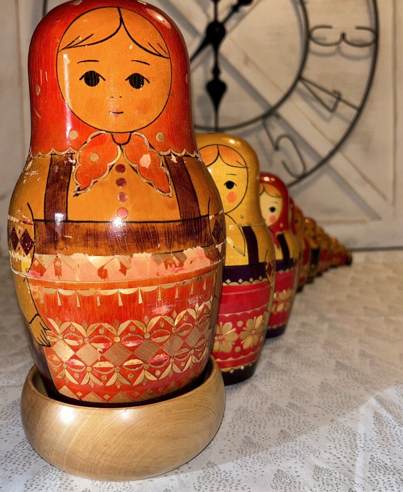 USSR Vintage Traditional Embellished 10 Pce Matryoshka Nesting Doll w/ Wood Base