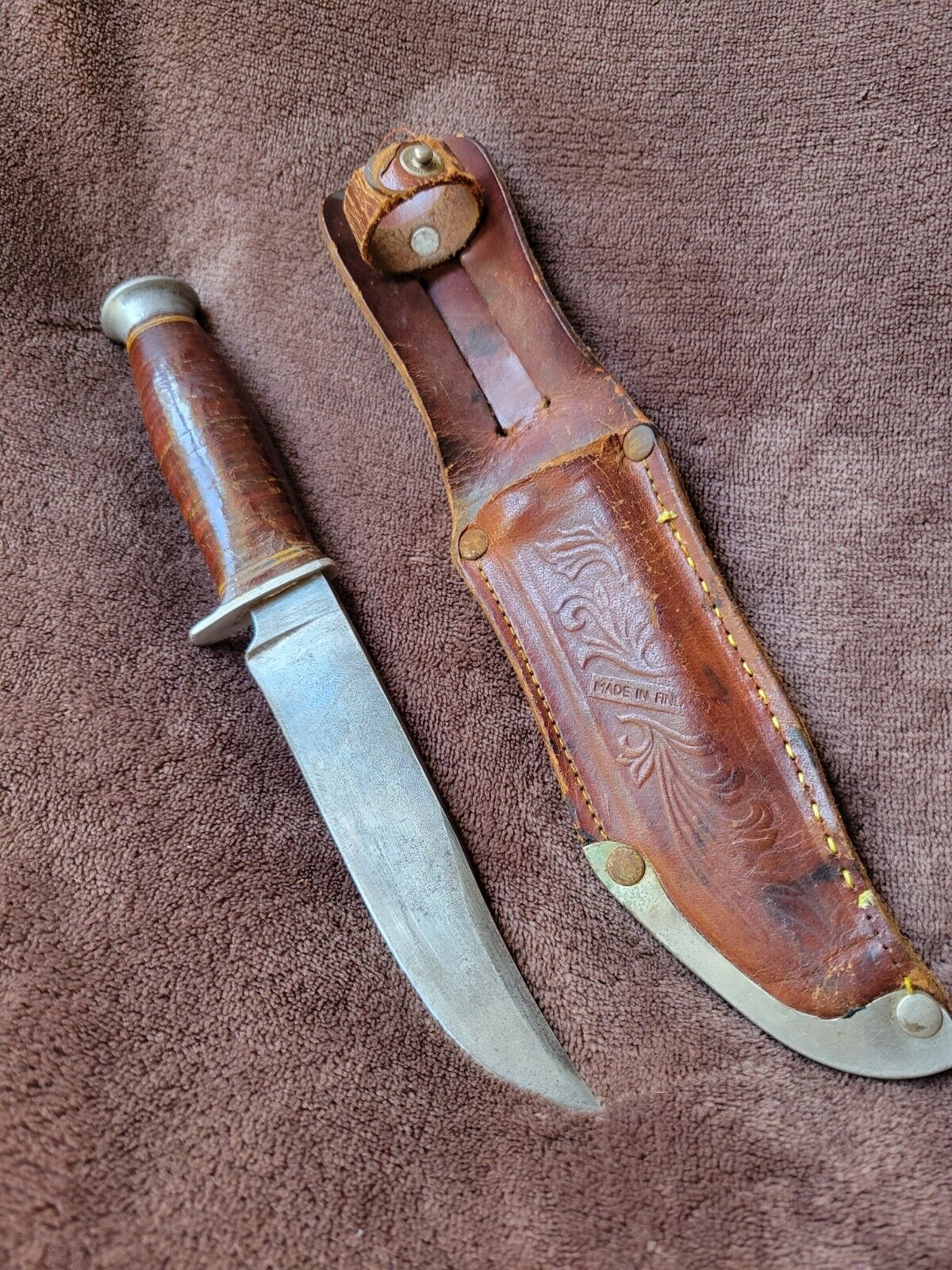 Vintage Finnish Leather Handle Fixed Blade Knife with Sheath - Made in Finland