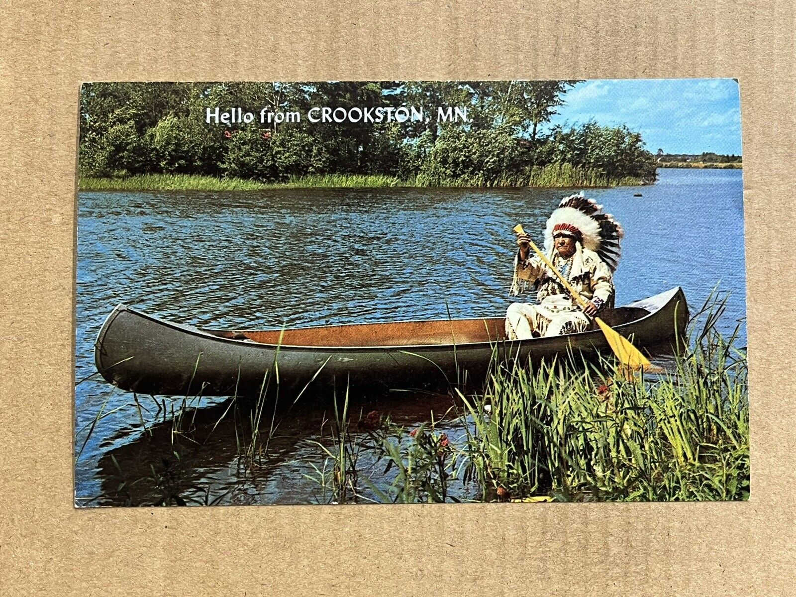 Postcard Crookston MN Greetings Indian Chief Canoe Boat Vintage Minnesota