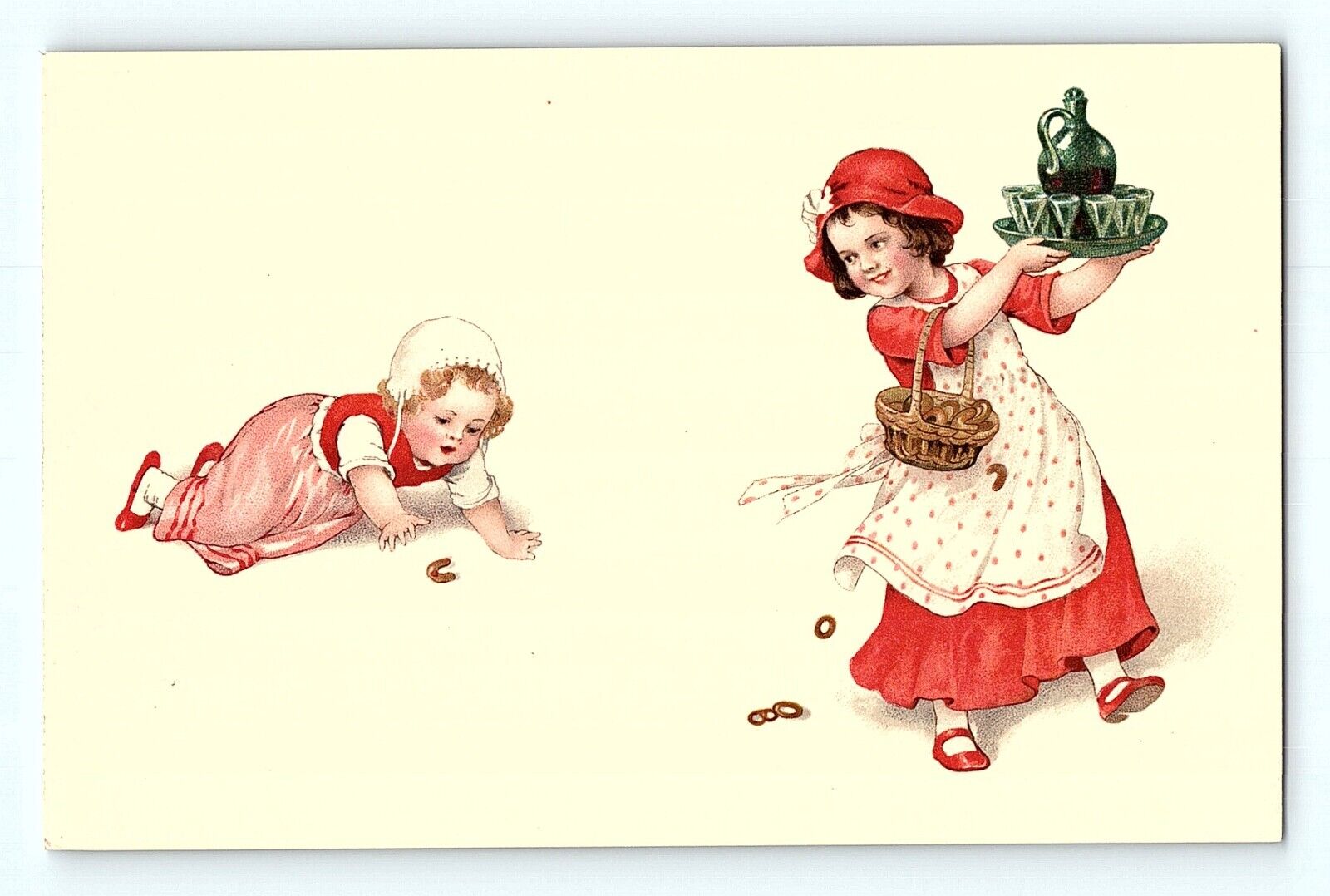 Adorable Girl and Baby Victorian Red Dresses Wine Glasses Unsigned Postcard F1