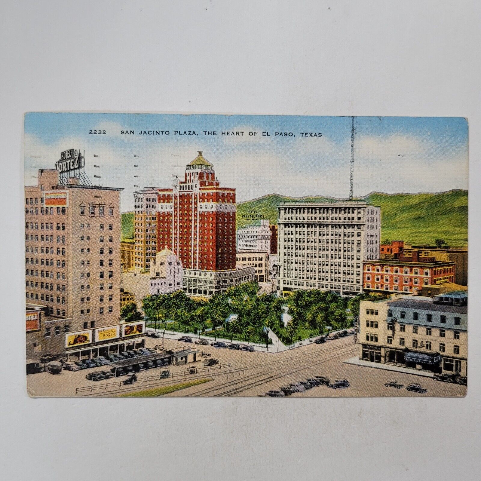 The Heart Of El Paso Texas San Jacinto Plaza Old Cars Antique Postcard Cortez