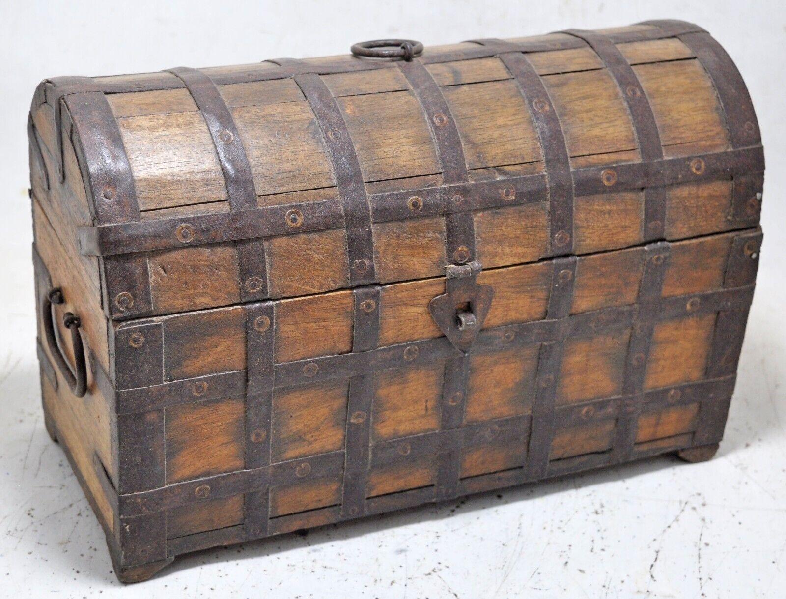 Vintage Wooden Half Round Top Storage Box Original Old Hand Crafted Metal Fitted