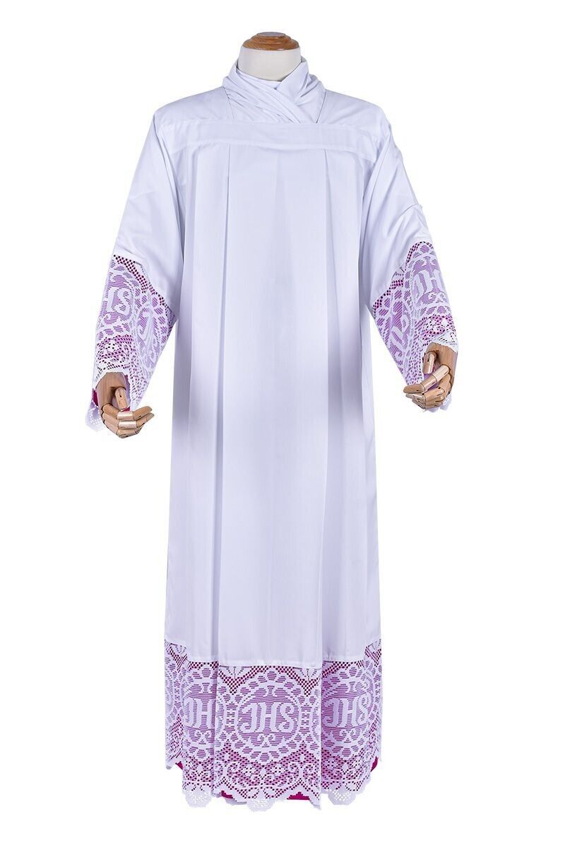 New Lace Alb Vestment IHS Lace with Roman Purple lining Box Pleat, Size: Medium