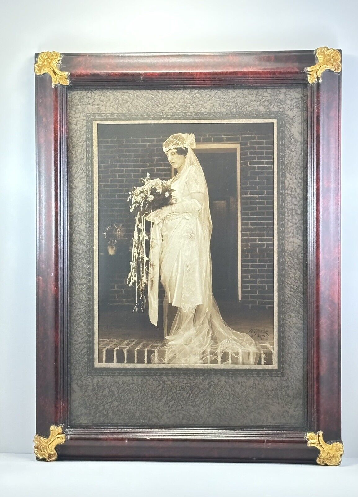Antique Bride Photograph with Wood Brown Frame with Golden Details 16x12 in