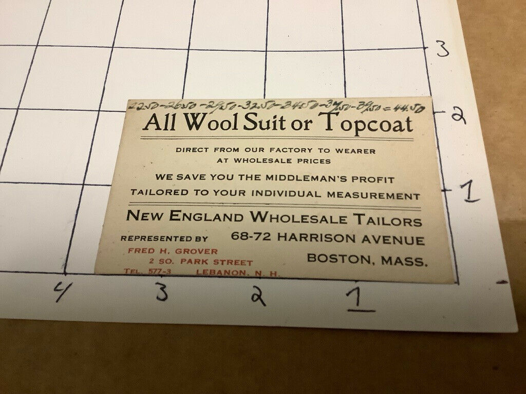 Original Early Business Card: All Wool Suit or Topcoat - boston Ma