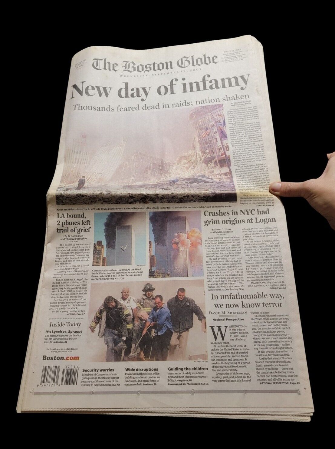 The Boston Globe Newspaper 9/11 Dated September 12th, 2001 \