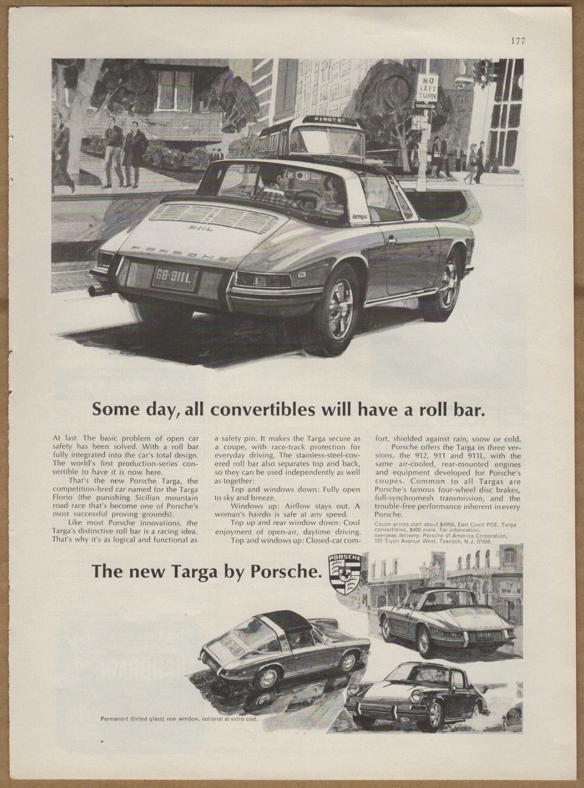 1968 Porsche Targa Convertible Vintage Print Ad Sportscar Safety Roll Bar