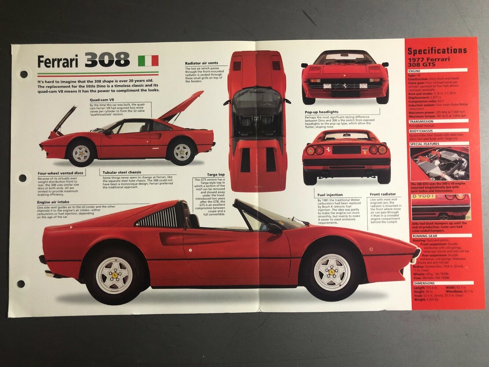 1974 - 1985 Ferrari 308 Coupe Poster, Spec Sheet, Folder, Brochure Awesome L@@K