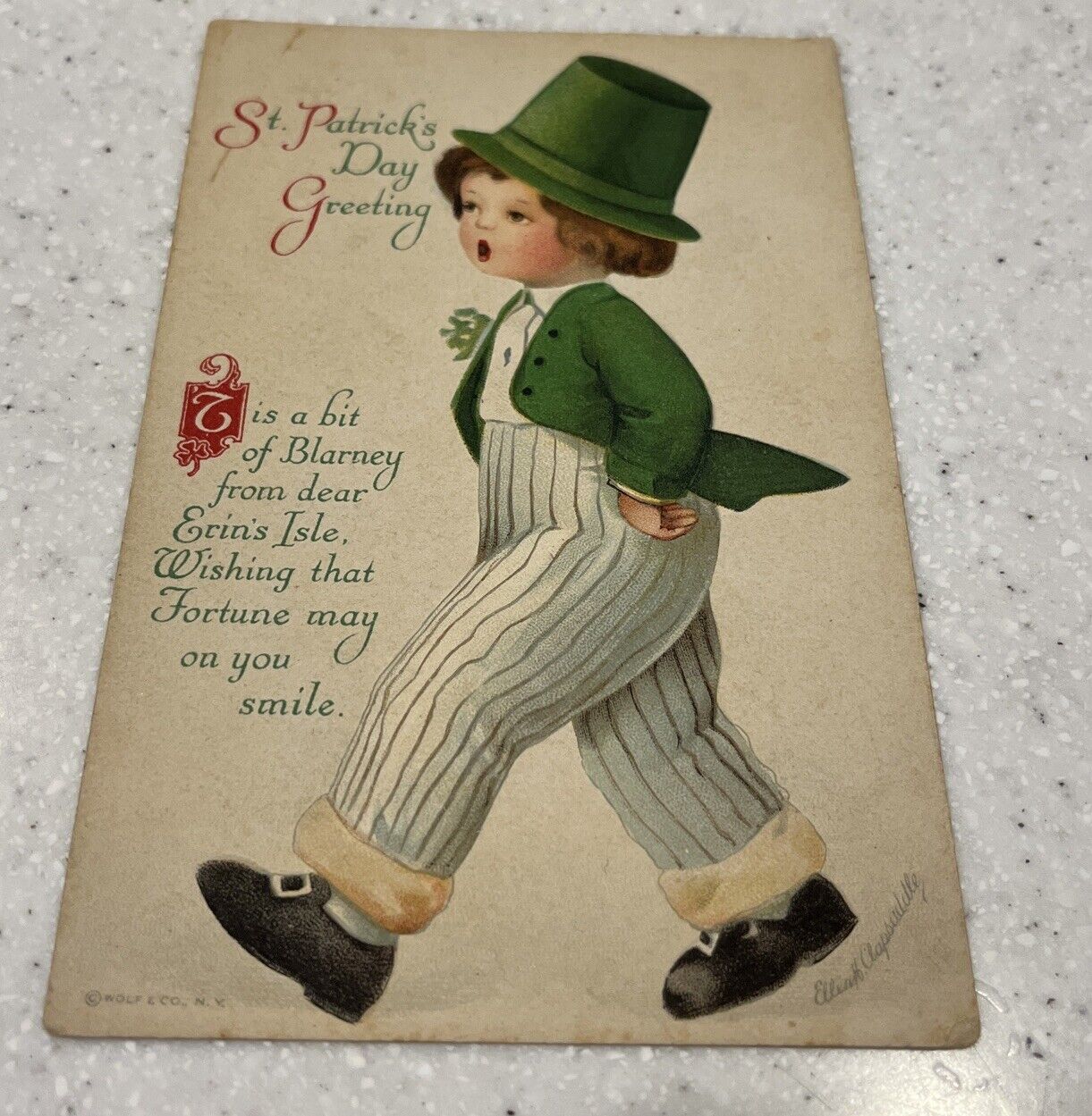 St Patrick\'s Day Signed CLAPSADDLE Little Boy Singing Walking c1910 VTG Postcard
