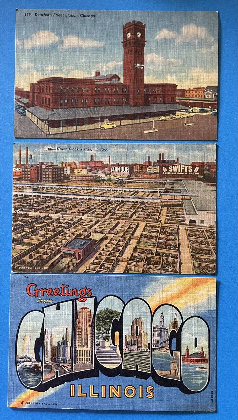 Chicago Illinois IL Linen Postcard Lot Dearborn Station Stock Yards Lg Letter