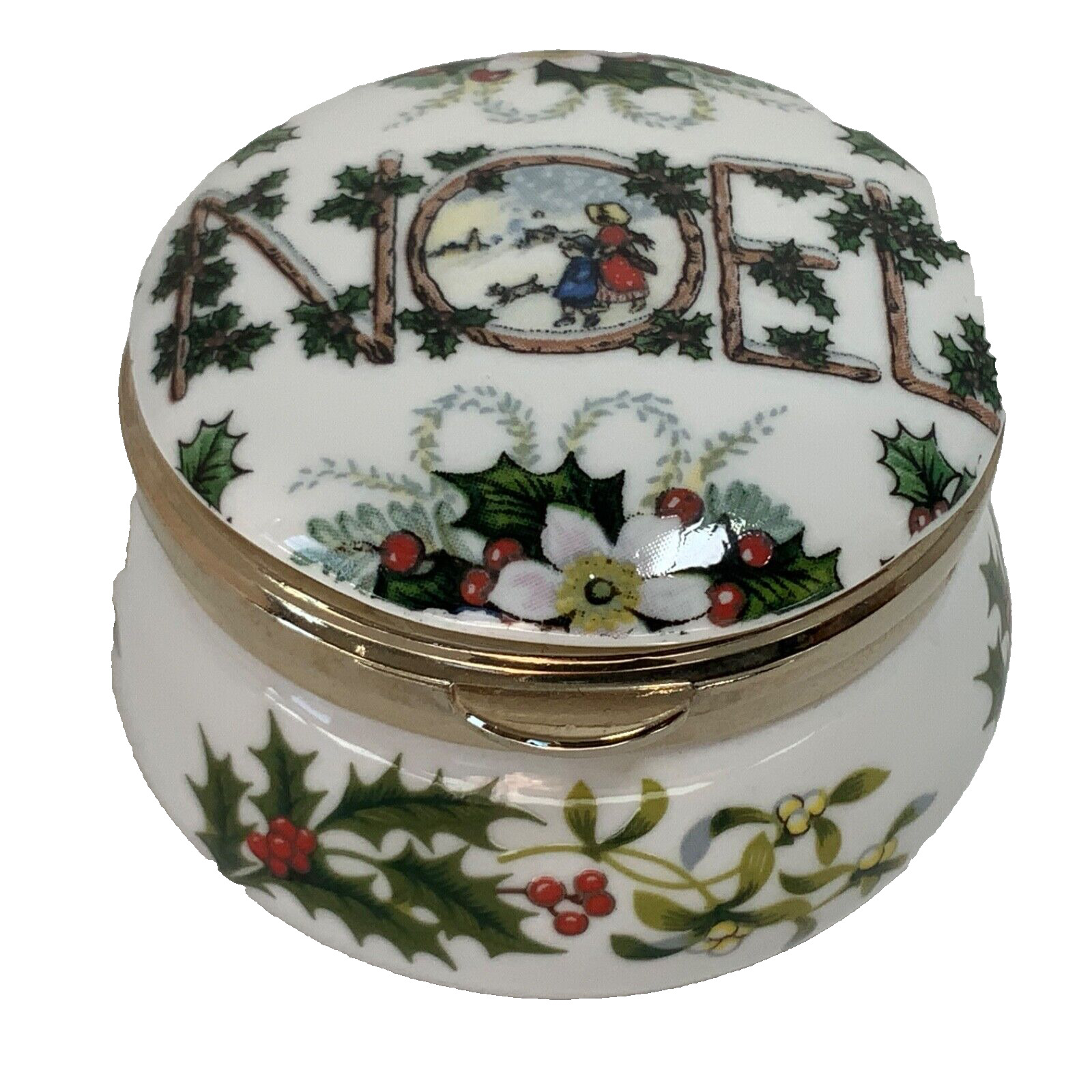Eximious Trinket Box England Christmas Noel Holly Berry Porcelain Round Pillbox