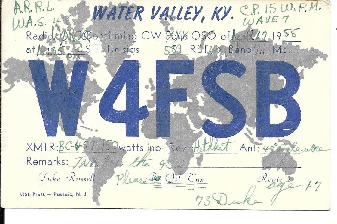 QSL 1955 Water Valley    Kentucky   radio card