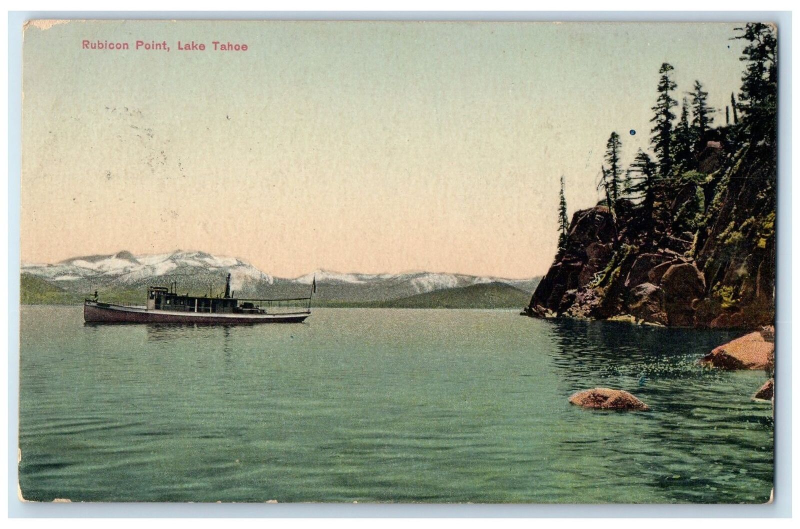 1909 Rubicon Point Boat Mountain Scene Lake Tahoe Nevada NV Posted Tree Postcard