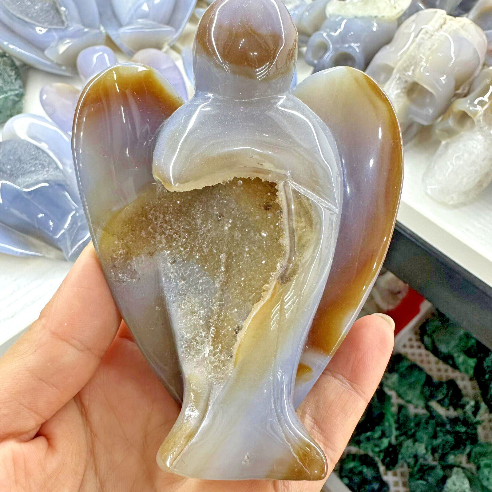 320g Natural Agate Geode Quartz Hand Carved Angel Skull Crystal Reiki Decor