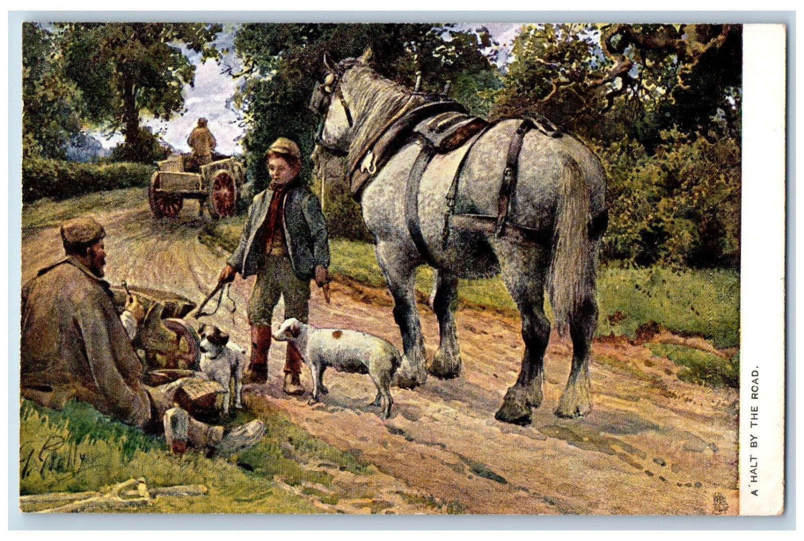 Postcard A Halt By The Road Horse Dog Men c1910 Antique Oilette Tuck Art