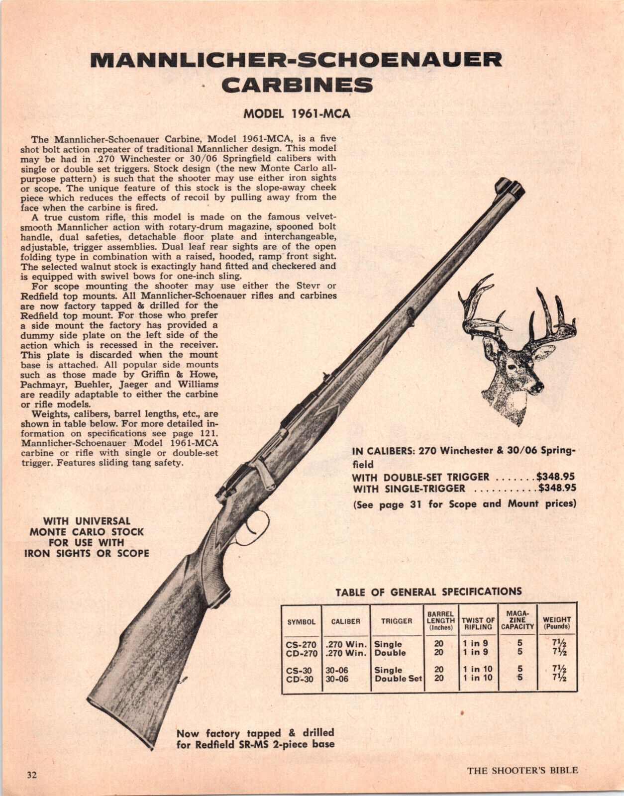 1971  Gun Print Ad Mannlicher Schoenauer Carbine Rifle Big Buck  AA1