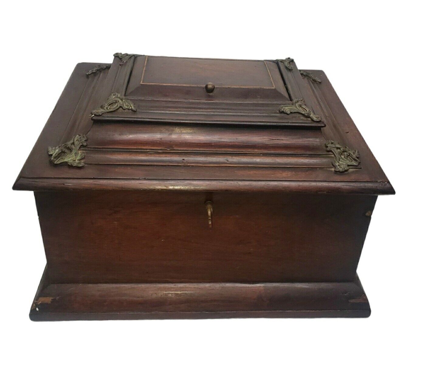 Antique Wooden Treasure Chest Box Rare With A Hinged Lidded Top Door With Key