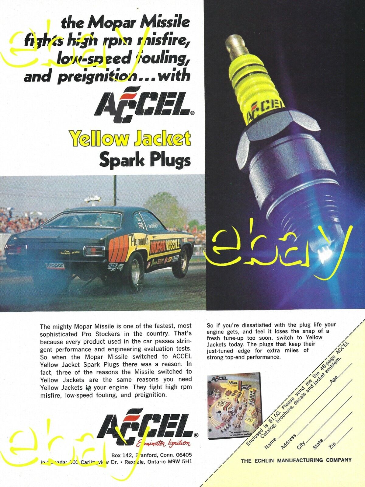 1973 Accel Spark Plug Mopar Missile Don Carlton Plymouth Duster Magazine Ad 73