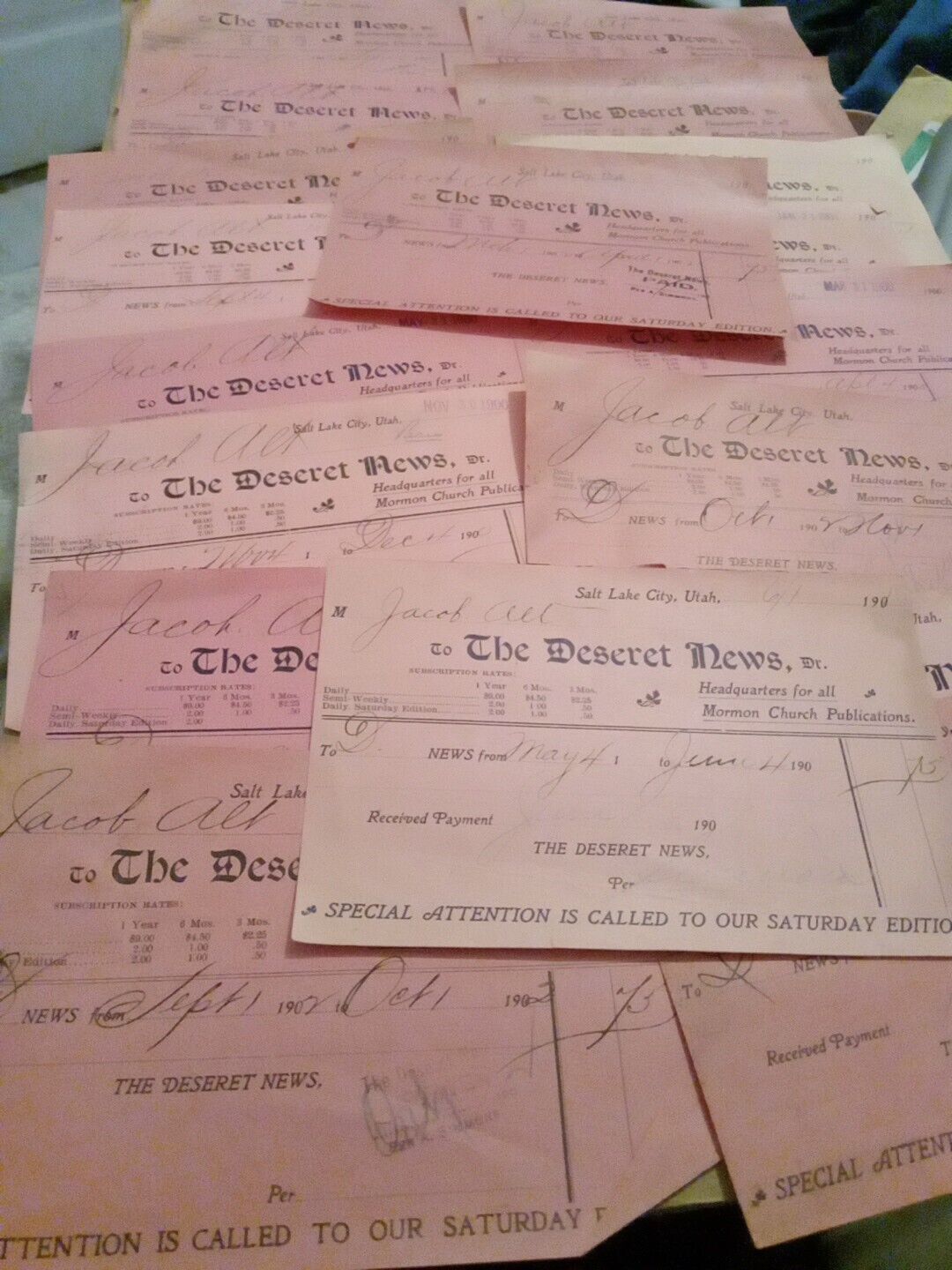 Mormon The Deseret News Receipts All Original 1900s