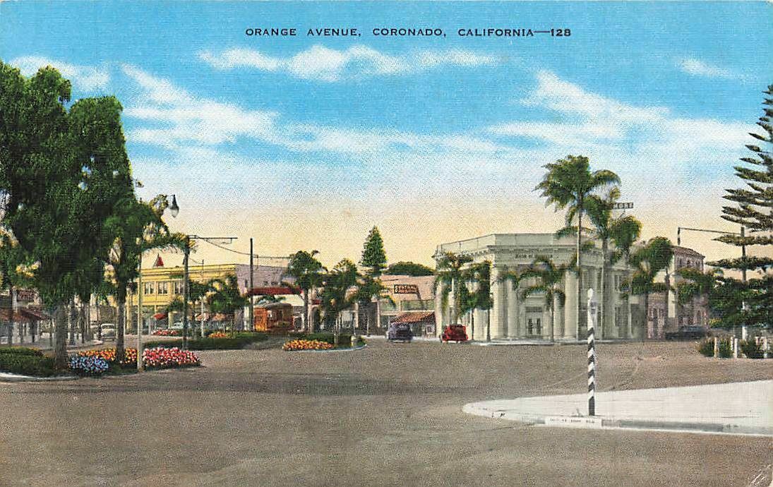 c1930s Grand Avenue  Cars Trolley Coronado CA Linen P243