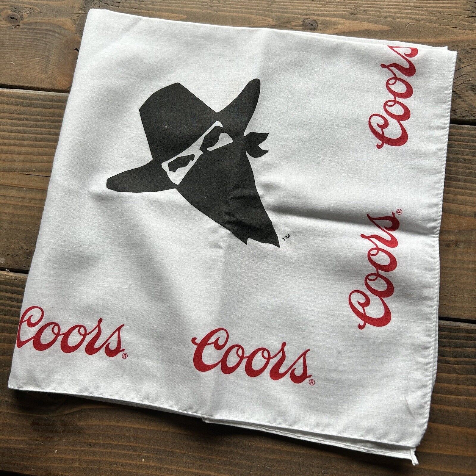 Vintage White Coors Beer Bandit Handkerchief Hanky Bandana Western 2’x2’